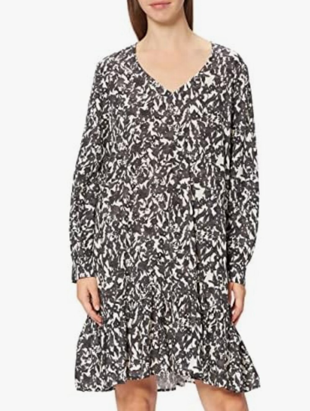Marc O'Polo V-Neck Black & White Printed Long-Sleeve Dress Ruffle Sz Medium